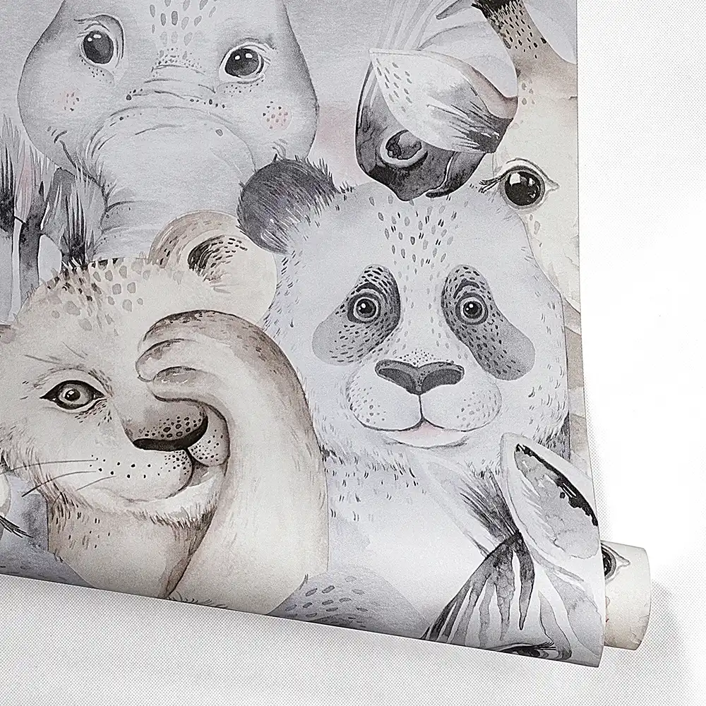 کاغذ دیواری کودک طرح حیوانات | کرم / خاکستری کد 12029 10 کاغذ دیواری کودک طرح حیوانات | کرم / خاکستری کد 12029 رول باز شده ایستاده