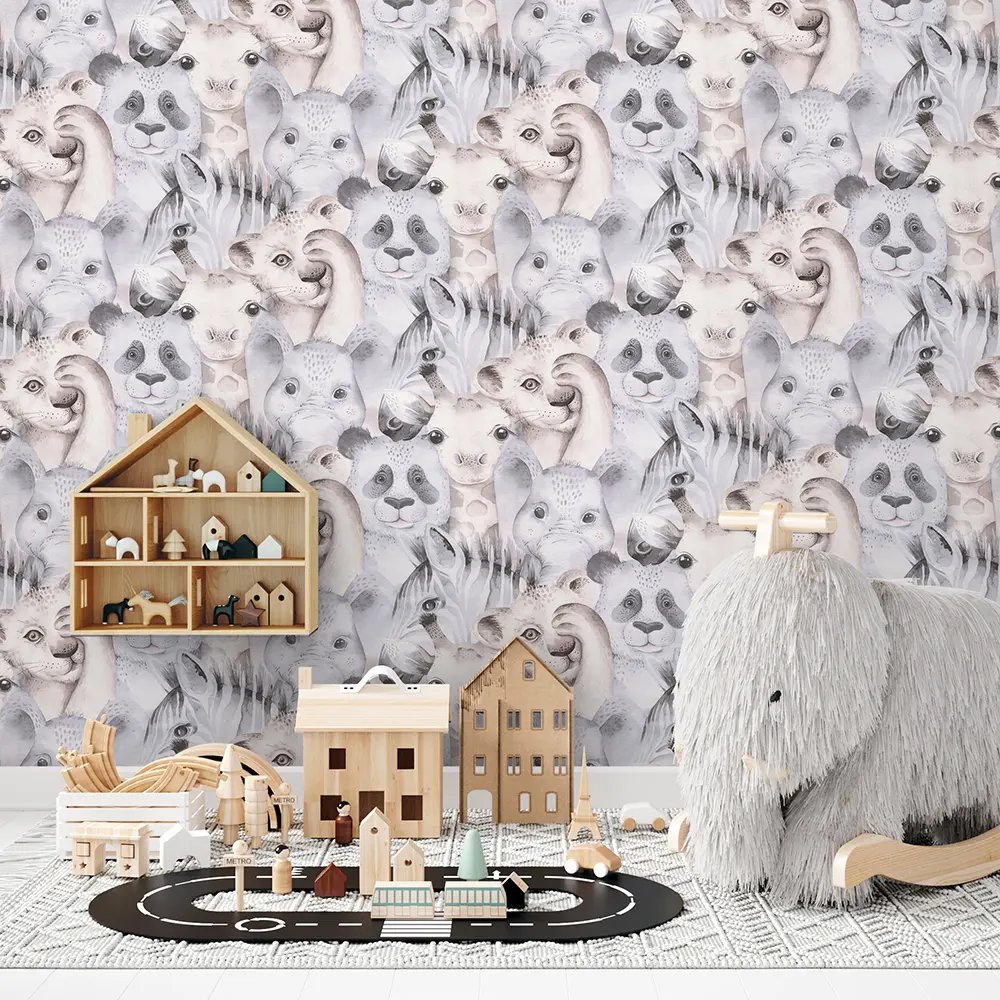 کاغذ دیواری کودک طرح حیوانات | کرم / خاکستری کد 12029 3 کاغذ دیواری کودک طرح حیوانات | کرم / خاکستری کد 12029 دکور اتاق کودک