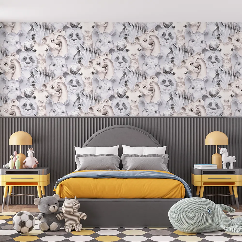 کاغذ دیواری کودک طرح حیوانات | کرم / خاکستری کد 12029 4 کاغذ دیواری کودک طرح حیوانات | کرم / خاکستری کد 12029 تخت خواب