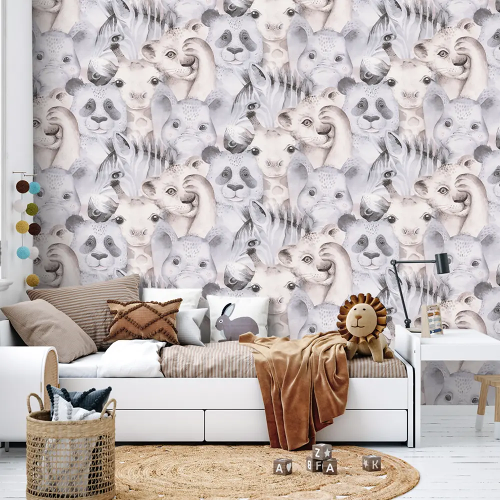 کاغذ دیواری کودک طرح حیوانات | کرم / خاکستری کد 12029 5 کاغذ دیواری کودک طرح حیوانات | کرم / خاکستری کد 12029 تخت کودک