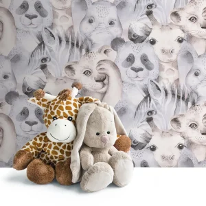 کاغذ دیواری کودک طرح حیوانات | کرم / خاکستری کد 12029 شاخص