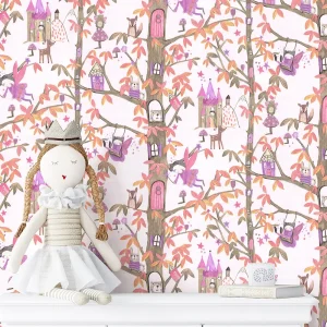 کاغذ دیواری کودک طرح جنگل پریان | نارنجی / صورتی کد 12059 شاخص