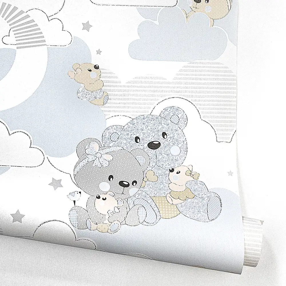 کاغذ دیواری کودک طرح خرسهای عروسکی | آبی کد 12077 6 کاغذ دیواری کودک طرح خرسهای عروسکی | آبی کد 12077 رول باز شده ایستاده