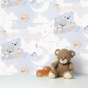 کاغذ دیواری کودک طرح خرسهای عروسکی | آبی کد 12077 شاخص