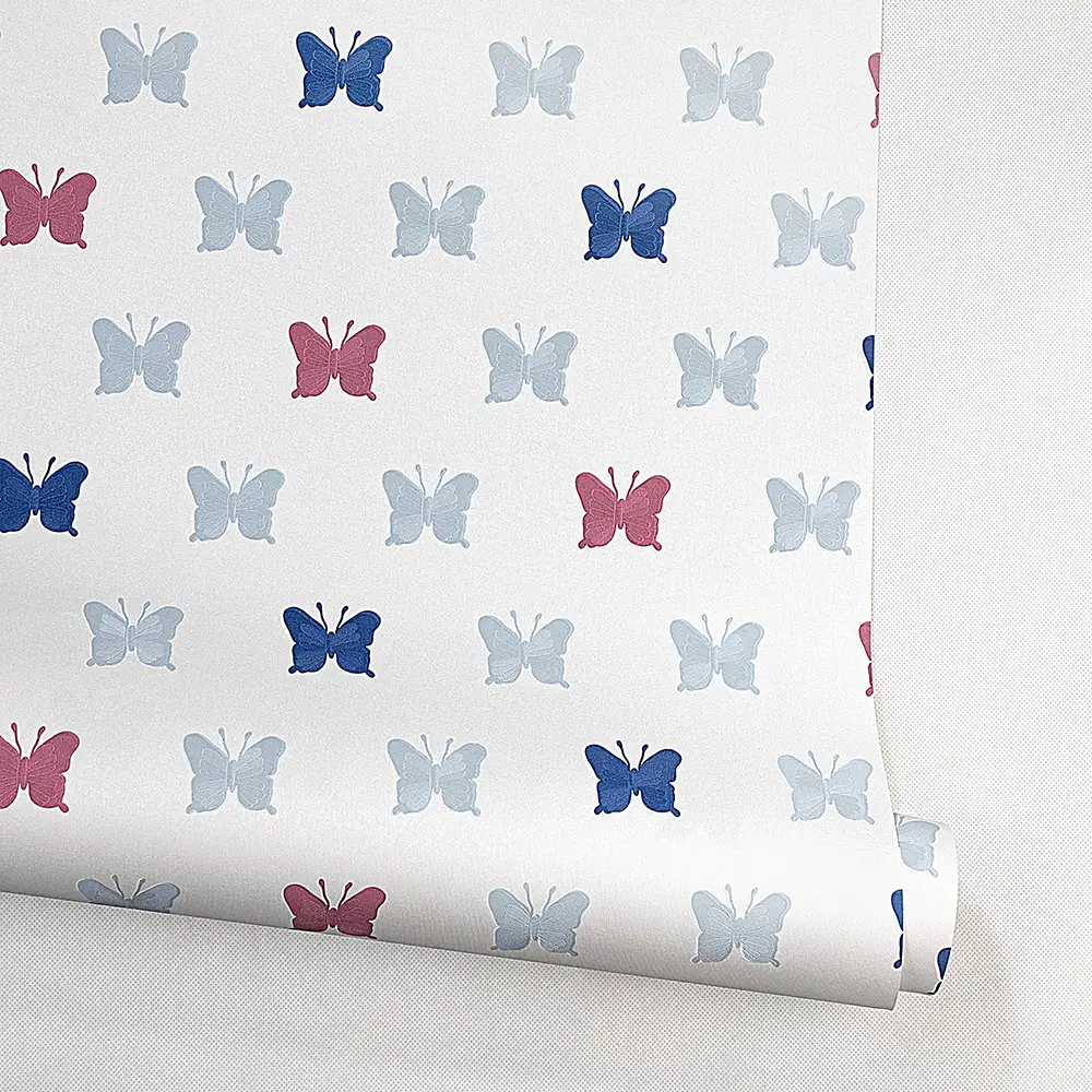 کاغذ دیواری کودک طرح پروانهای رنگی کد 12091 6 کاغذ دیواری کودک طرح پروانهای رنگی کد 12091 رول باز شده ایستاده