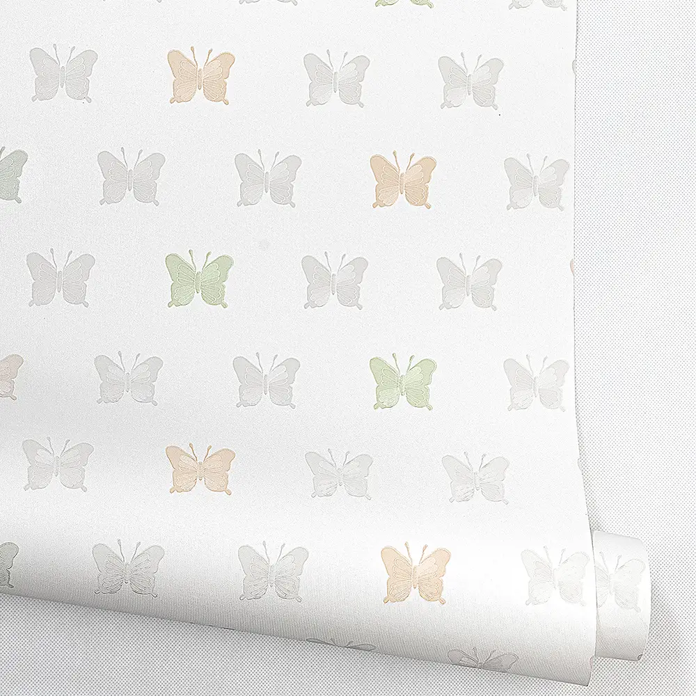کاغذ دیواری کودک طرح پروانهای رنگی کد 12094 8 کاغذ دیواری کودک طرح پروانهای رنگی کد 12094 رول باز شده ایستاده