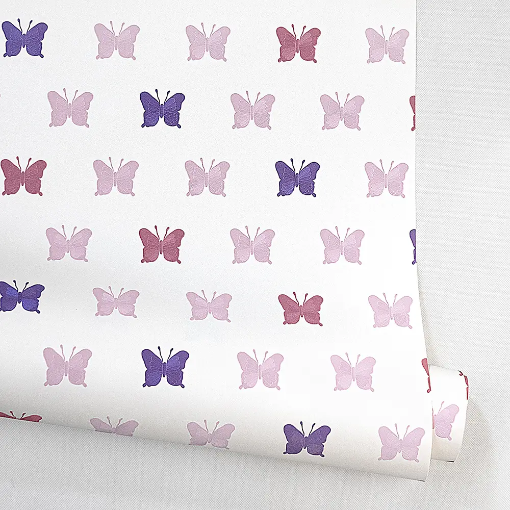 کاغذ دیواری کودک طرح پروانهای | چند رنگ کد 12100 6 کاغذ دیواری کودک طرح پروانهای | بنفش / صورتی کد 12100 رول باز شده