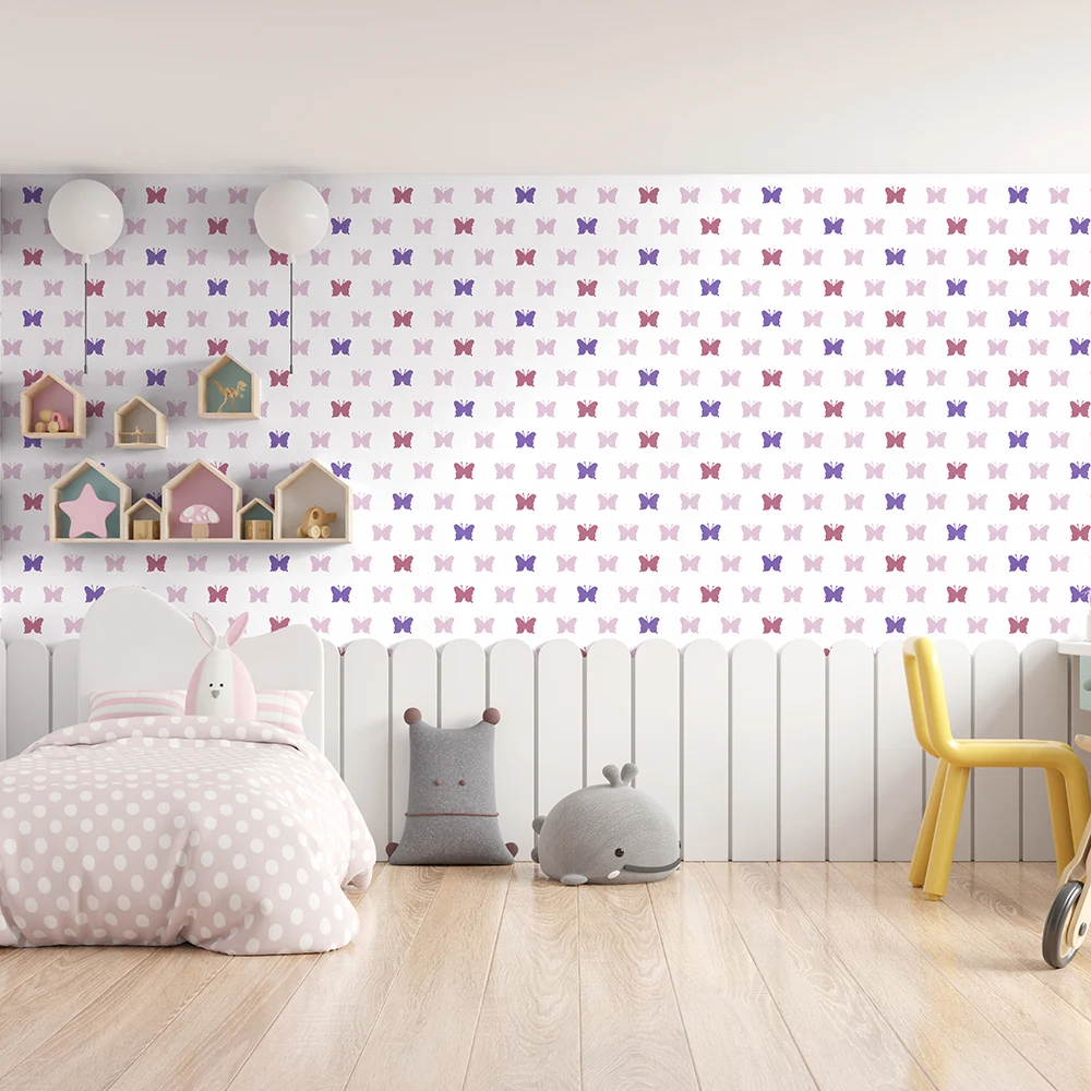 کاغذ دیواری کودک طرح پروانهای | چند رنگ کد 12100 3 کاغذ دیواری کودک طرح پروانهای | بنفش / صورتی کد 12100 دکور اتاق