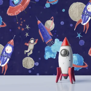 کاغذ دیواری کودک طرح کهکشان و فضانورد | سرمه‌ای کد 12101 شاخص