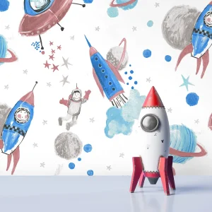 کاغذ دیواری کودک طرح کهکشان و فضانورد | سفید / آبی کد 12103 شاخص