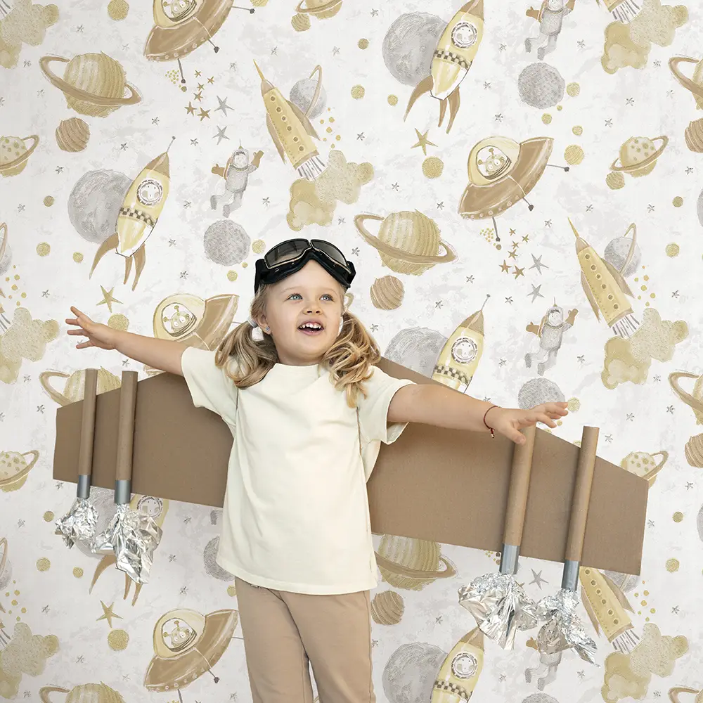 کاغذ دیواری کودک طرح کهکشان و فضانورد | کرم / طلایی کد 12105 2 کاغذ دیواری کودک طرح کهکشان و فضانورد | کرم / طلایی کد 12105 کودک