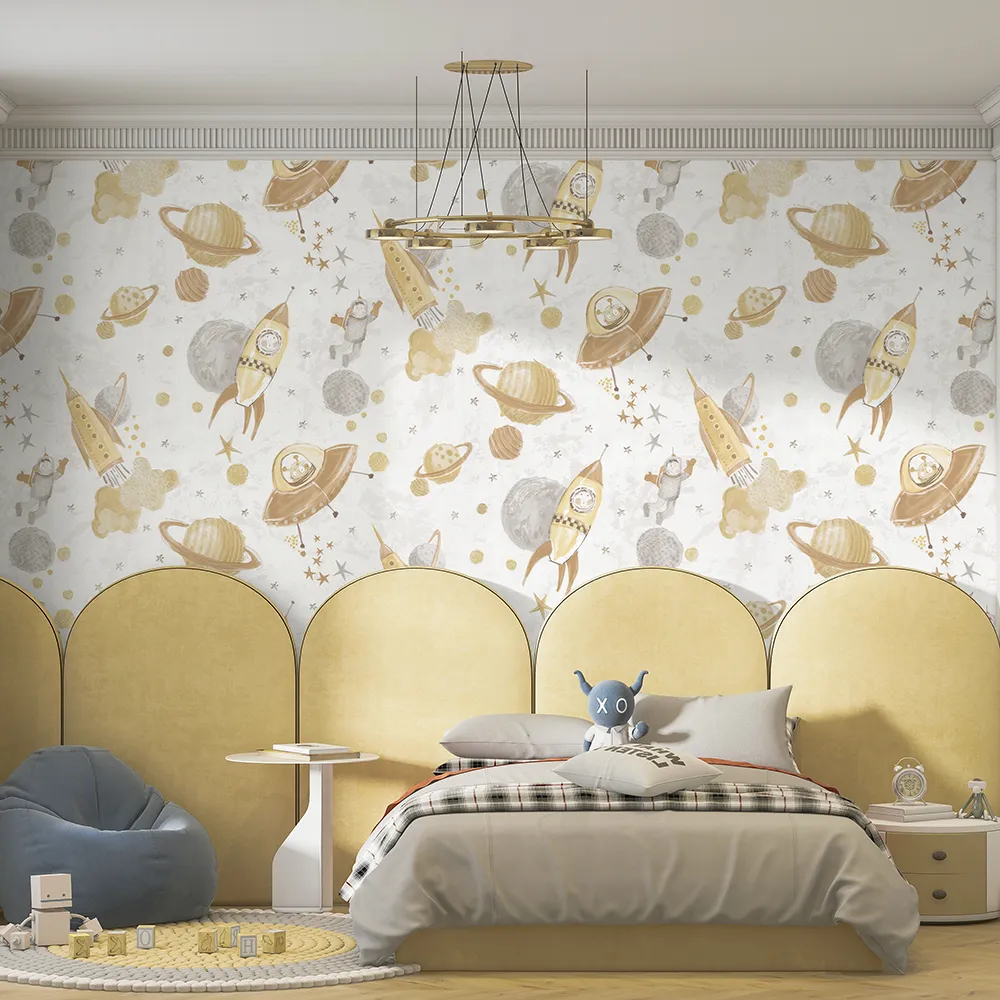 کاغذ دیواری کودک طرح کهکشان و فضانورد | کرم / طلایی کد 12105 3 کاغذ دیواری کودک طرح کهکشان و فضانورد | کرم / طلایی کد 12105 تخت خواب