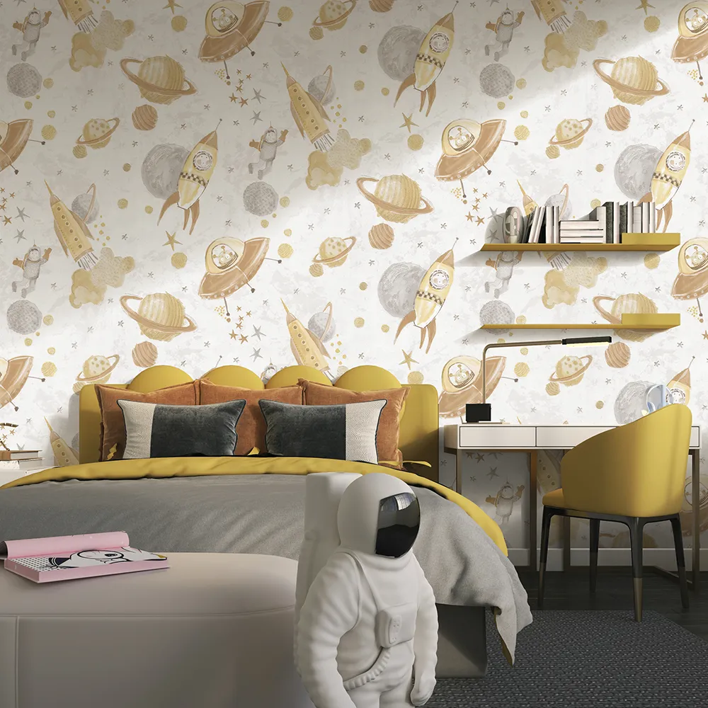 کاغذ دیواری کودک طرح کهکشان و فضانورد | کرم / طلایی کد 12105 5 کاغذ دیواری کودک طرح کهکشان و فضانورد | کرم / طلایی کد 12105 اتاق خواب کودک