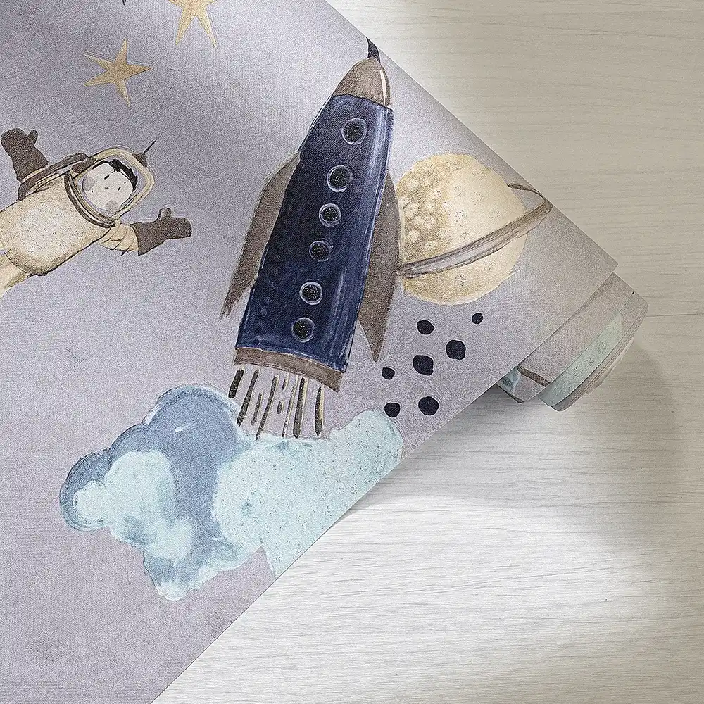 کاغذ دیواری کودک طرح کهکشان و فضانورد | چند رنگ کد 12107 7 کاغذ دیواری کودک طرح کهکشان و فضانورد | یاسی / آبی کد 12107 رول باز شده