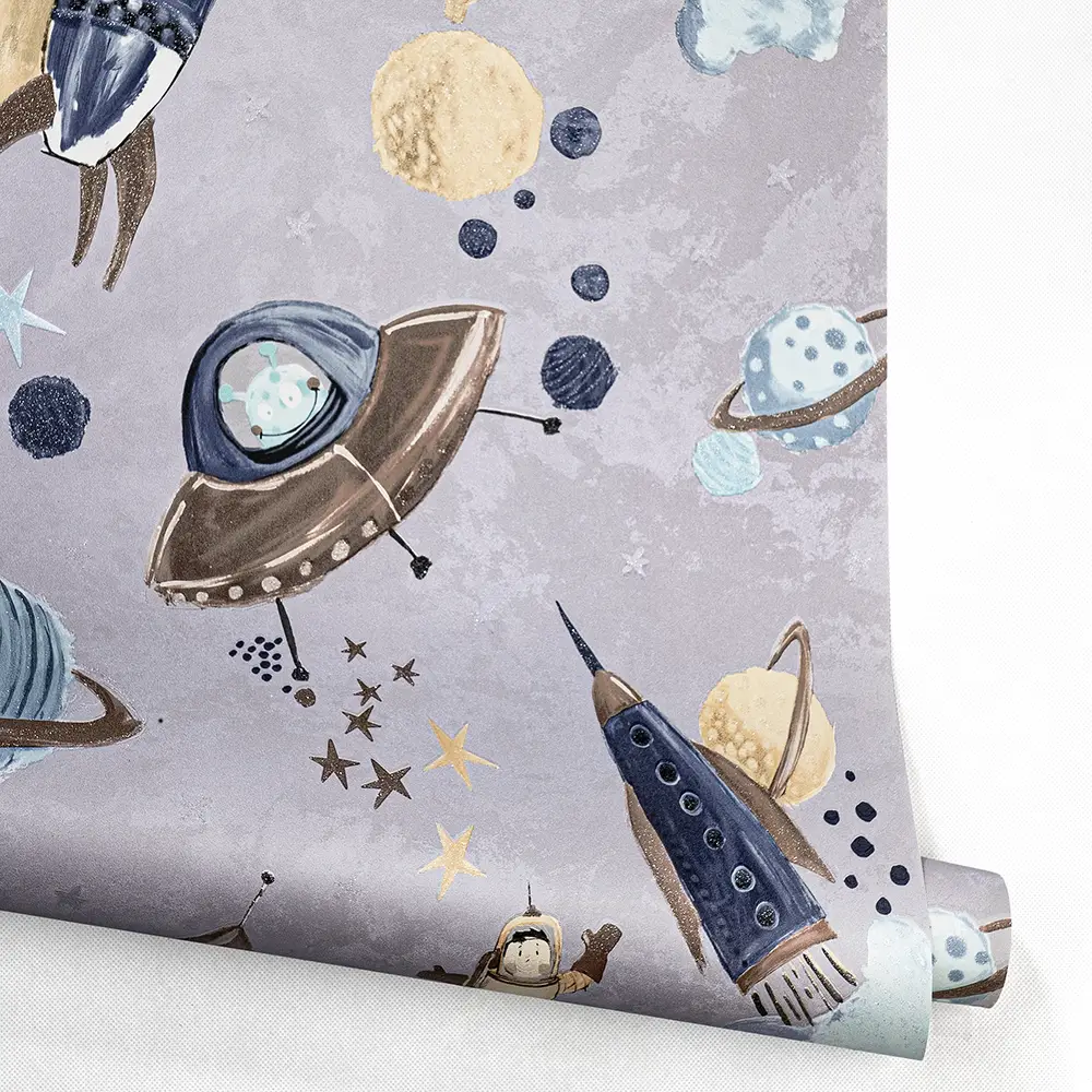 کاغذ دیواری کودک طرح کهکشان و فضانورد | چند رنگ کد 12107 10 کاغذ دیواری کودک طرح کهکشان و فضانورد | یاسی / آبی کد 12107 رول باز شده ایستاده