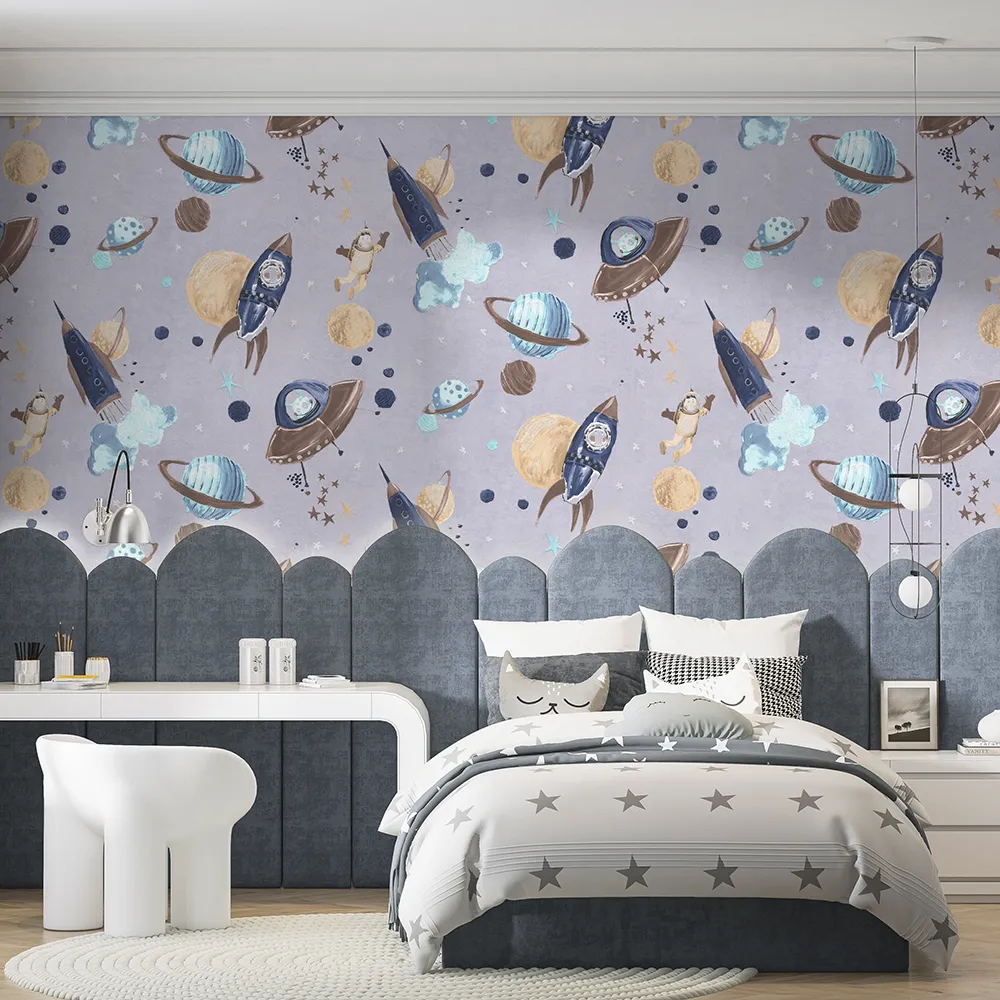 کاغذ دیواری کودک طرح کهکشان و فضانورد | چند رنگ کد 12107 5 کاغذ دیواری کودک طرح کهکشان و فضانورد | یاسی / آبی کد 12107 اتاق خواب