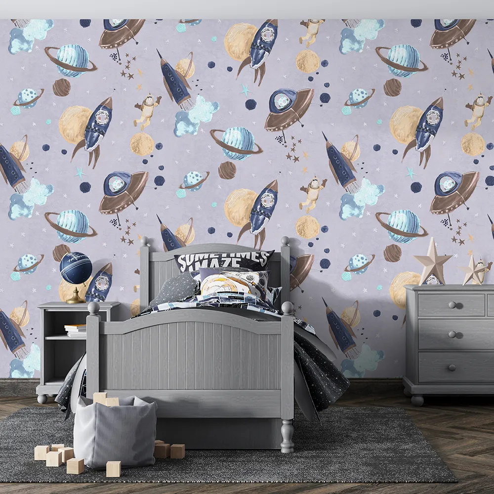 کاغذ دیواری کودک طرح کهکشان و فضانورد | چند رنگ کد 12107 6 کاغذ دیواری کودک طرح کهکشان و فضانورد | یاسی / آبی کد 12107 تخت خواب