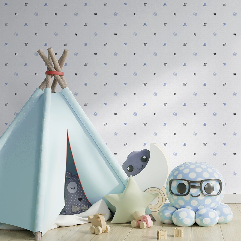 کاغذ دیواری کودک طرح ردپای سگ | آبی کد 12114 4 کاغذ دیواری کودک طرح ردپای سگ | آبی کد 12114 چادر کودک