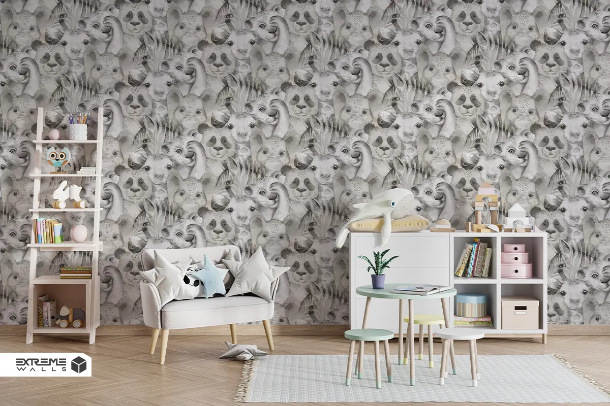 کاغذ دیواری کودک طرح حیوانات | طوسی کد 12035 آلبوم پمپو 