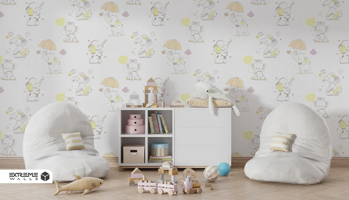 کاغذ دیواری کودک طرح فیل های کوچک | سفید لیمویی کد 12009 آلبوم پمپو 