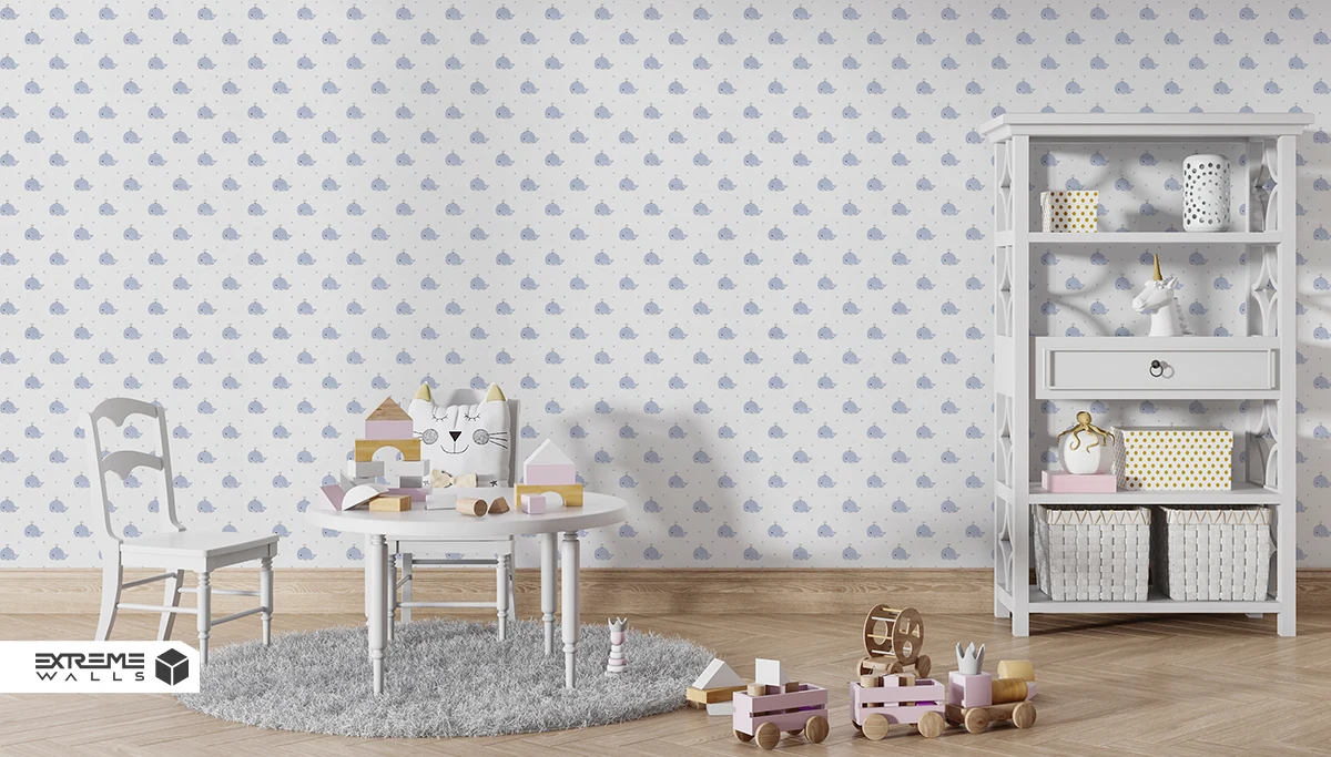 کاغذ دیواری کودک طرح نهنگ‌های دریایی | آبی / سفید کد 12037 آلبوم پمپو 