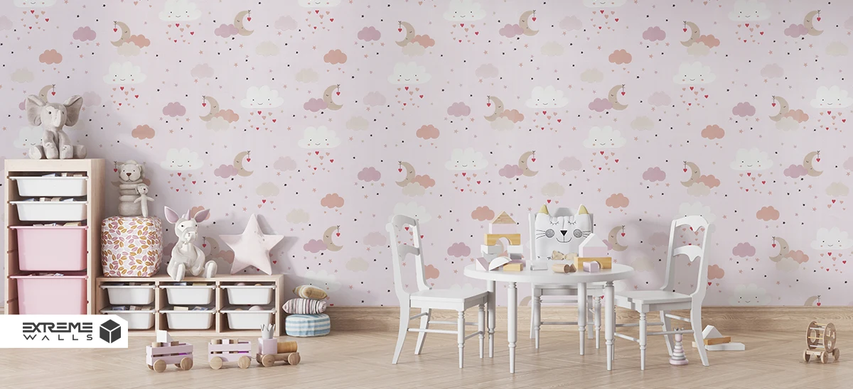 کاغذ دیواری کودک طرح آسمان ابری | صورتی کد 12021 آلبوم پمپو