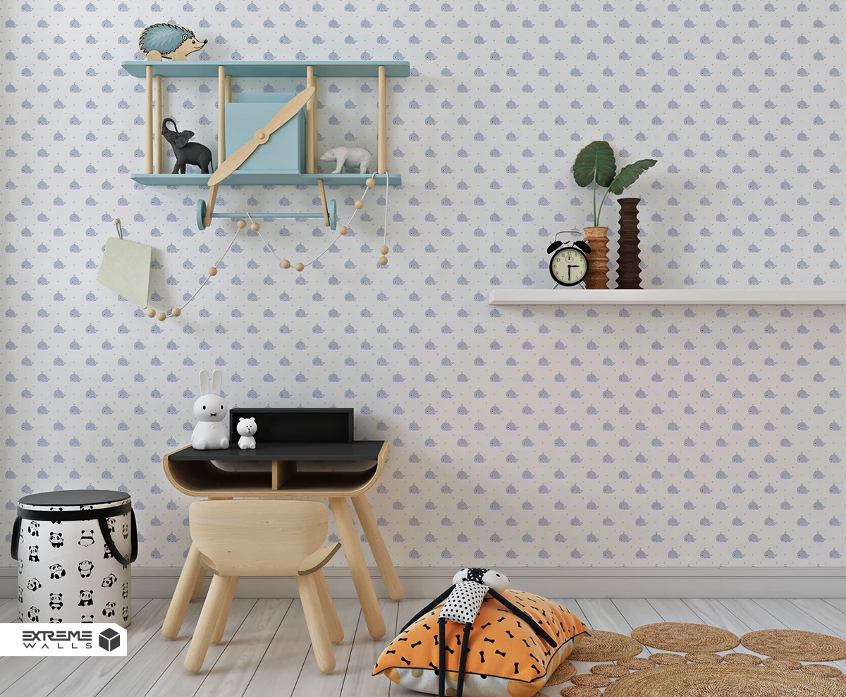 کاغذ دیواری کودک طرح نهنگ‌های دریایی | آبی / سفید کد 12037 آلبوم پمپو