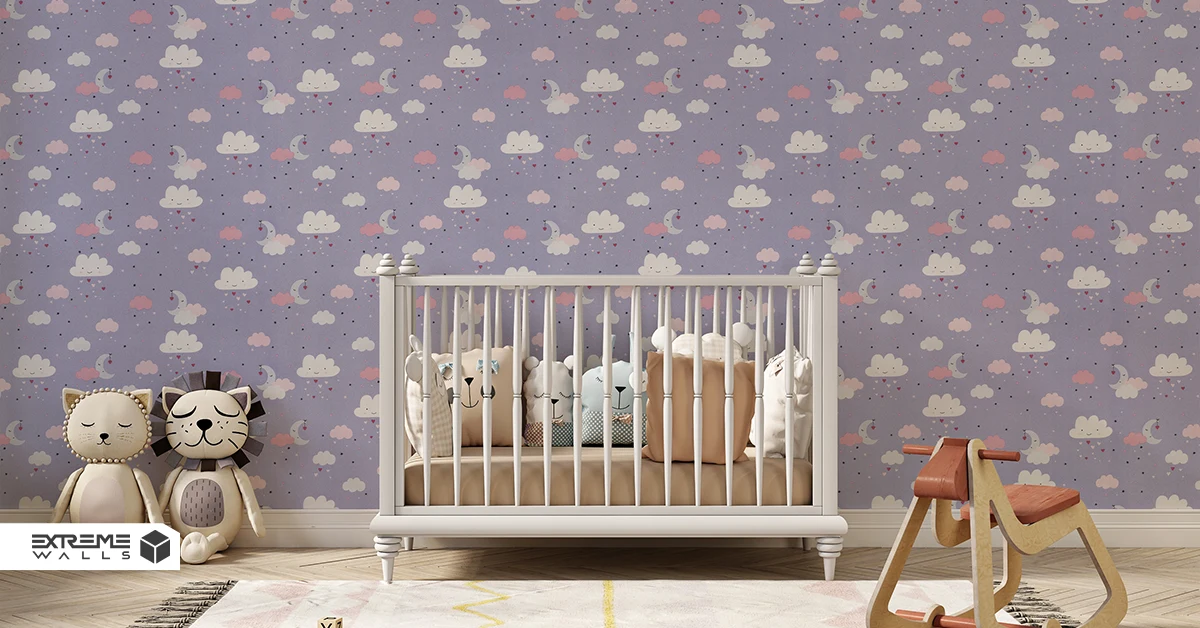 کاغذ دیواری کودک طرح آسمان ابری | بنفش کد 12017 آلبوم پمپو